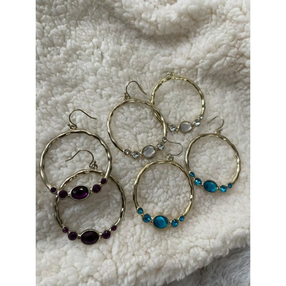 Vintage Gold Tone Faux Gemstone Hoop Dangle Earrings - 3 Pairs - Picture 6 of 8